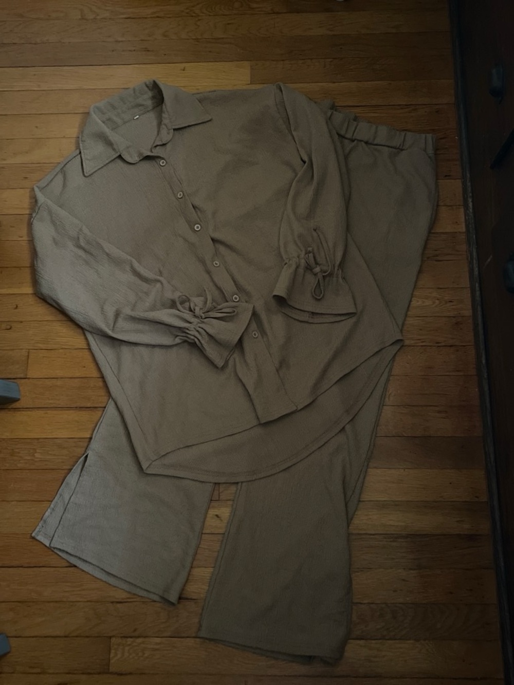 Amazon Taupe Two-Piece Button-Up Shirt & Wide-Leg Pants Set